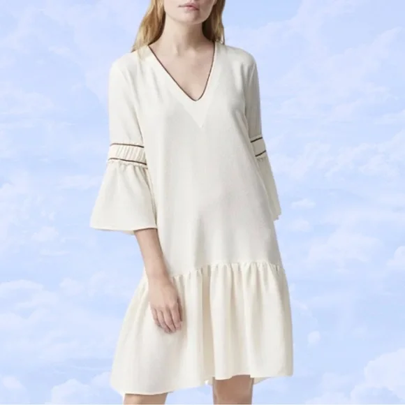 Ganni Sale! NWT Cream Dress Bell Sleeve Drop Waist Midi Clark Dress 36 Medium - Picture 2 of 6